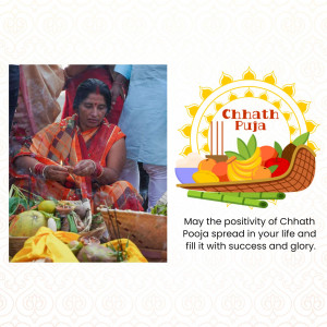 A woman performing Chhath Puja ritual with offerings and a festive background.