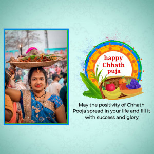 Chhath Puja celebration with a woman carrying offerings and a festive graphic.