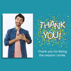 Man expressing gratitude with a thank you message and confetti