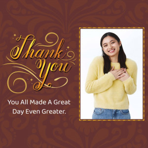A thank you card featuring a woman in a sweater and the text 'Thank You'.