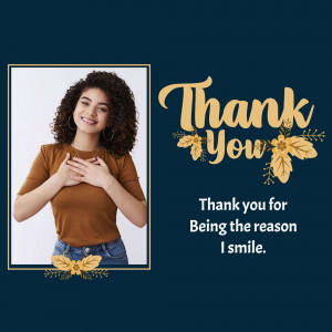 A woman smiling with a 'Thank You' message and floral design.