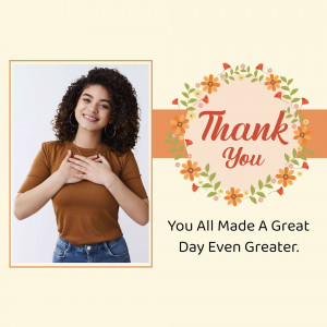 Woman expressing gratitude with a thank you message and floral design.