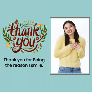 Woman smiling and holding hands to her chest with a 'Thank You' floral graphic.