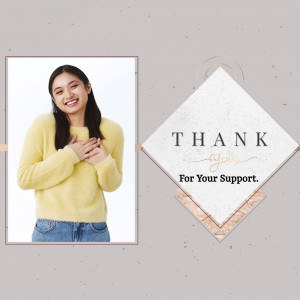 Woman expressing gratitude with a thank you graphic