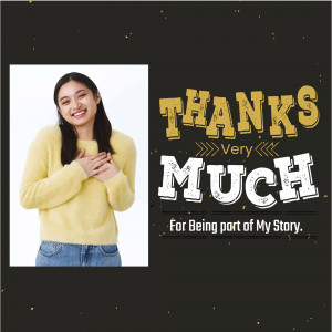 Woman expressing gratitude with a 'Thank You' graphic