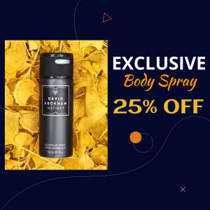 David Beckham Instinct Body Spray on sale with autumn leaves background
