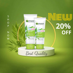 Garnier Pure Active Face Wash promotional image with 20% discount offer.