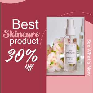Skincare product promotion with aloe rosewater face mist and a 30% discount offer.