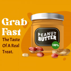 Jar of peanut butter with peanuts and promotional text