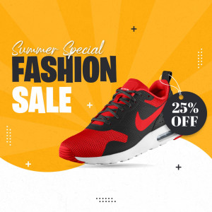 Red and black Nike running shoe with a 25% off sale tag on a yellow and white background.