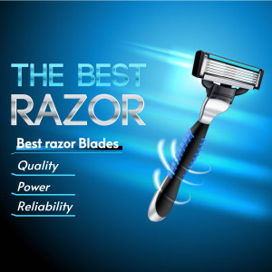 Close-up of a modern razor with blue accents on a gradient blue background.