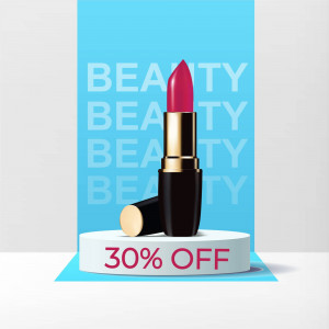 Pink lipstick on a white platform with '30% OFF' sign against a blue background with repeating 'BEAUTY' text.