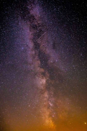 A stunning vertical view of the Milky Way galaxy stretching across a dark night sky.