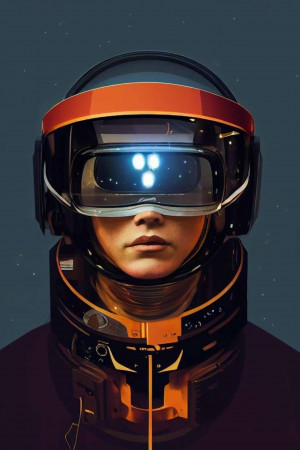 Close-up portrait of an astronaut wearing a futuristic helmet with a starry background.
