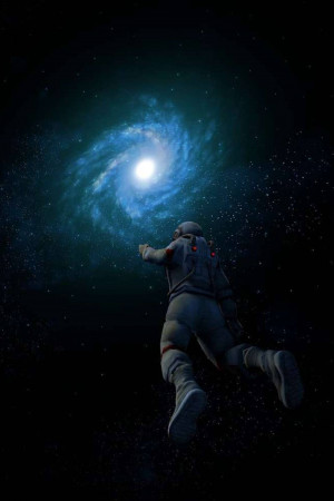 Astronaut floating in space towards a vibrant galaxy