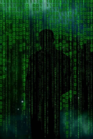 Silhouette of a person against a green digital rain background, reminiscent of The Matrix.