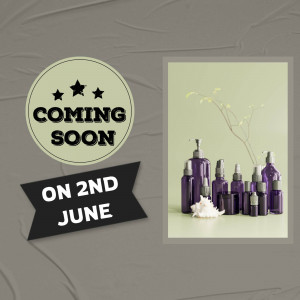 Image announcing a new product launch on June 2nd, featuring cosmetic bottles.