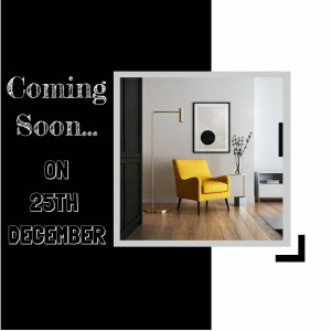 Modern living room interior with 'Coming Soon' announcement