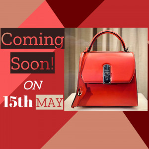 Red handbag with 'Coming Soon' announcement