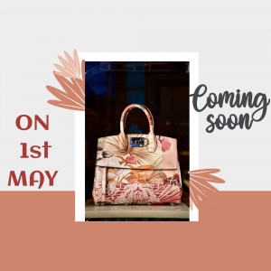 Close-up of a floral patterned handbag with a 'Coming Soon' announcement.