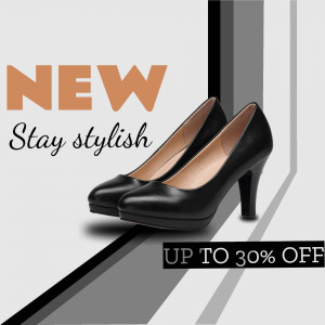 Black high heel shoes on a white and gray background with a 'NEW' banner and discount offer.