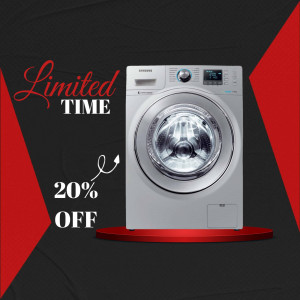 Samsung washing machine on display with a 20% off promotion