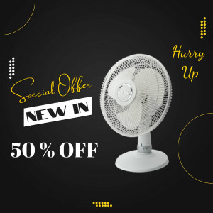 White electric fan with a special offer promotion