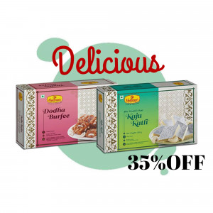 Haldiram's Dodha Burfee and Kaju Katli sweets box with a 35% off promotion.