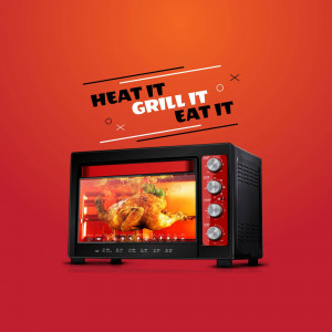 Black electric oven with roasted chicken inside, promotional image