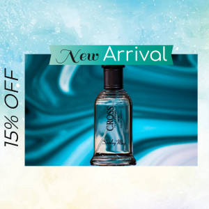 A promotional image featuring a bottle of Cross perfume with a 'New Arrival' banner and a 15% off offer.