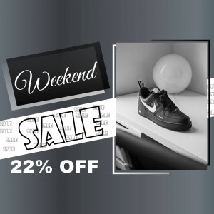 Black and white sneaker on display with a weekend sale promotion.