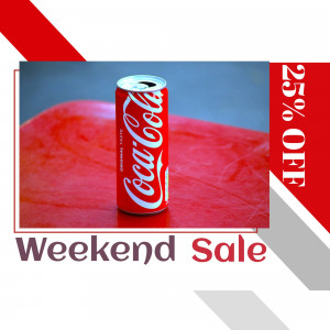Coca-Cola can with a 25% off weekend sale promotion