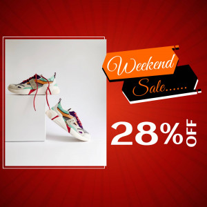 White and colorful sneakers on display with a weekend sale promotion.