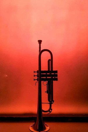 Silhouette of a trumpet against a red background