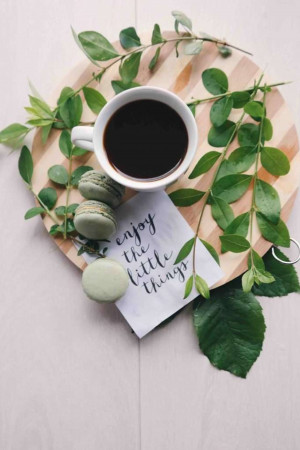 Top-down view of a coffee cup, macarons, and a note on a wooden board with green foliage.