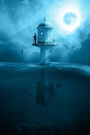 A lone figure fishing from a lighthouse under a full moon.