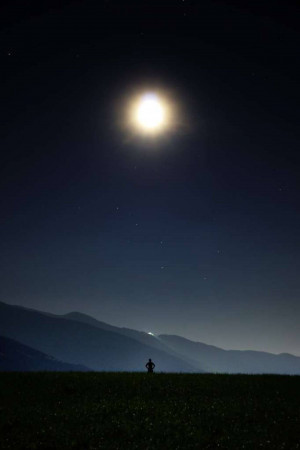 Silhouette of a person standing in a field under a bright full moon and starry night sky.