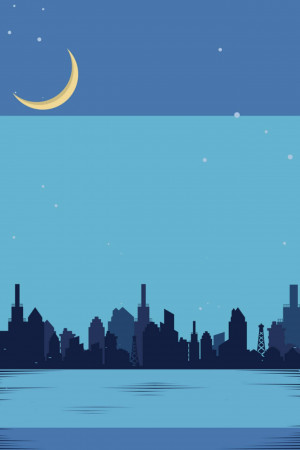 Silhouette of a city skyline with a crescent moon and stars