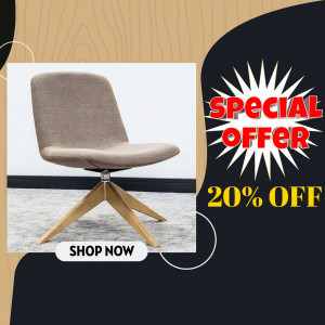 A stylish gray accent chair with a wooden base, on sale with a 20% discount.