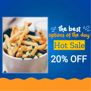 Image of pasta in a white bowl with a sale promotion.