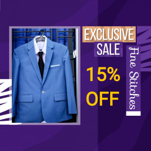 Blue suit on a hanger with a sale promotion