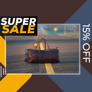 Brown leather duffel bag on a road with a sale promotion