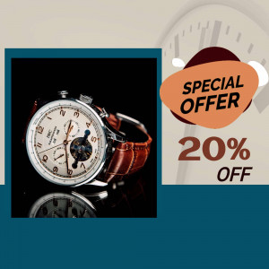Close-up of a classic wristwatch with a brown leather strap and a 'Special Offer 20% Off' banner.