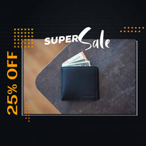 Black wallet with cash and a 25% off sale promotion