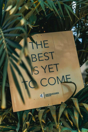 Wooden sign with motivational quote surrounded by green foliage