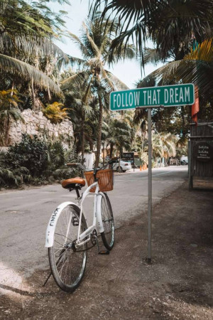 A white bicycle parked next to a sign that reads 'Follow That Dream' with a tropical background.