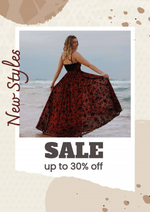Woman in a flowing floral maxi dress on the beach with a sale promotion.