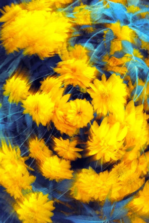 Abstract floral fractal art with yellow and blue hues