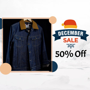 Denim jacket on a hanger with a December sale promotion