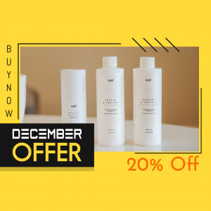 Three bottles of Cel hair repair and protect shampoo with a December offer promotion.